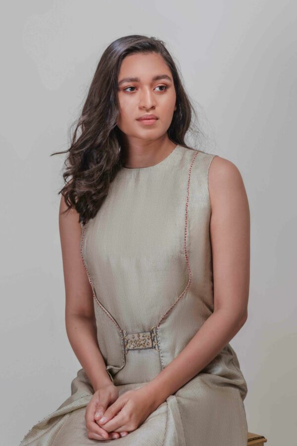 Beige Striped Tussar Silk Dress