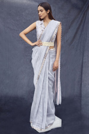 Silk Linen Hand Embroidered Saree Set