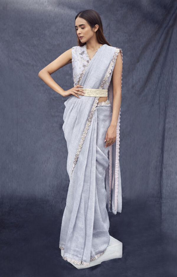 Silk Linen Hand Embroidered Saree Set