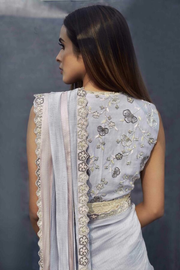 Silk Linen Hand Embroidered Saree Set