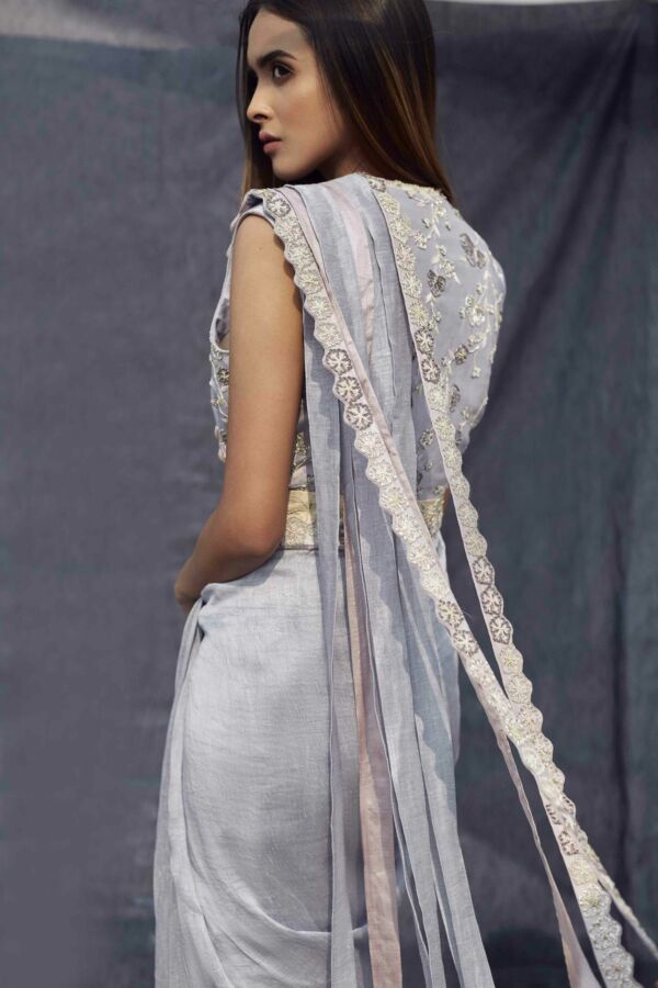 Silk Linen Hand Embroidered Saree Set