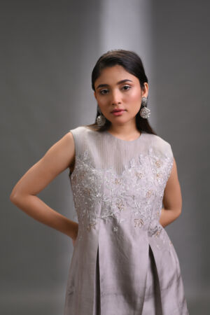 Silk Hand Embroidered Box Pleated Top