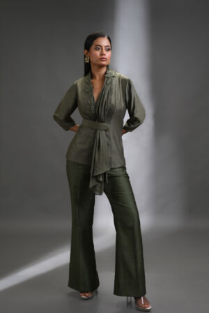 Silk Coordinated Set With Embellished Collar