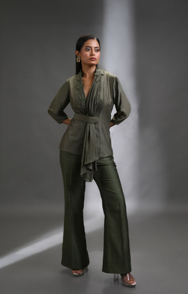 Silk Coordinated Set With Embellished Collar
