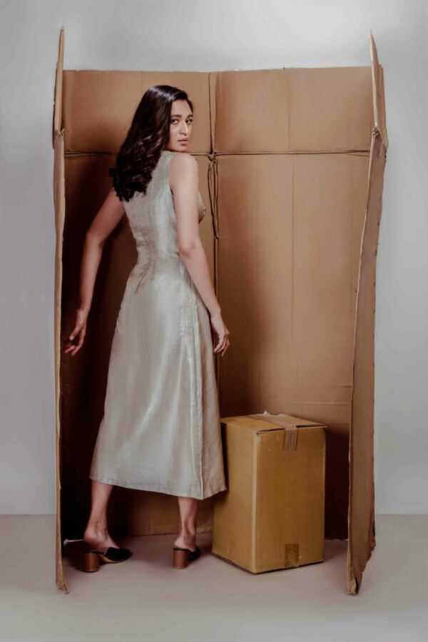 Beige Striped Tussar Silk Dress
