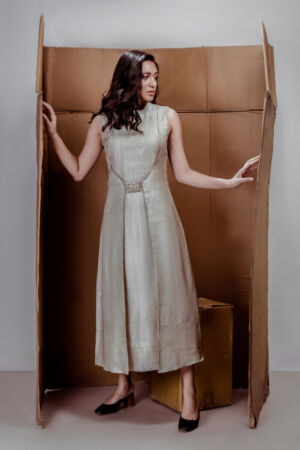 Beige Striped Tussar Silk Dress