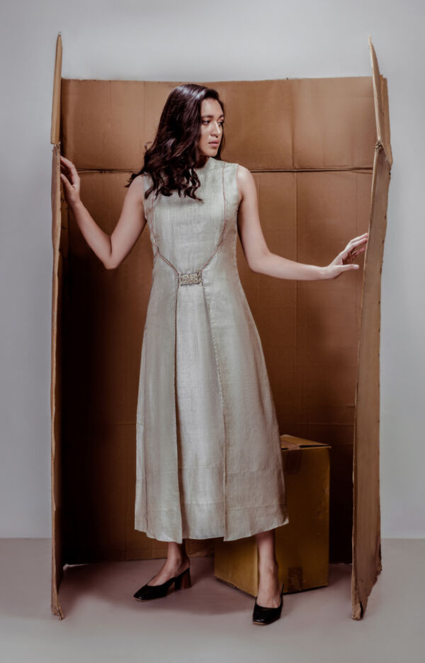 Beige Striped Tussar Silk Dress